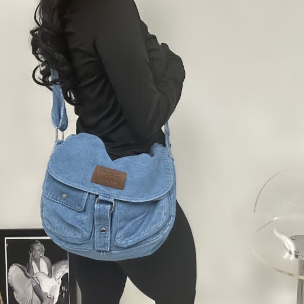 Denim shoulder bag, Denim messenger bag, y2k Denim purse, trendy 2000s Jean Bag,